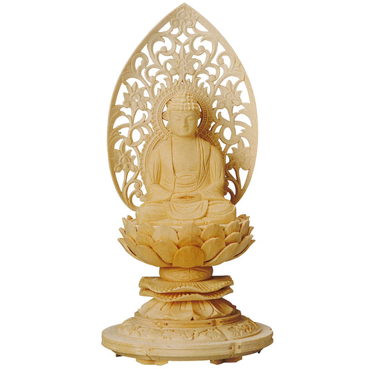 桧木 上彫木瓜丸台座 座釈迦 唐草光背