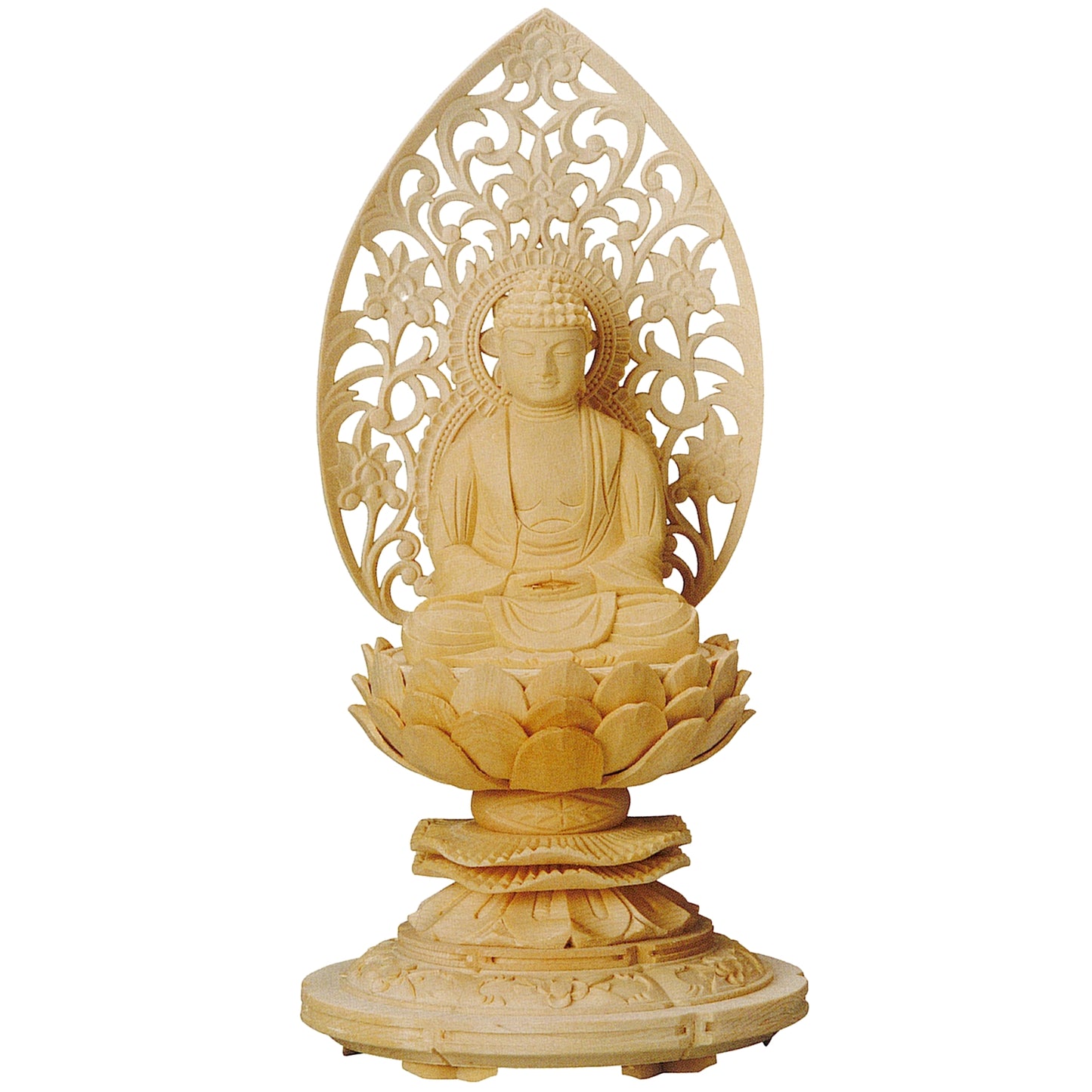 本尊 桧木 上彫木瓜丸台座 座釈迦 唐草光背