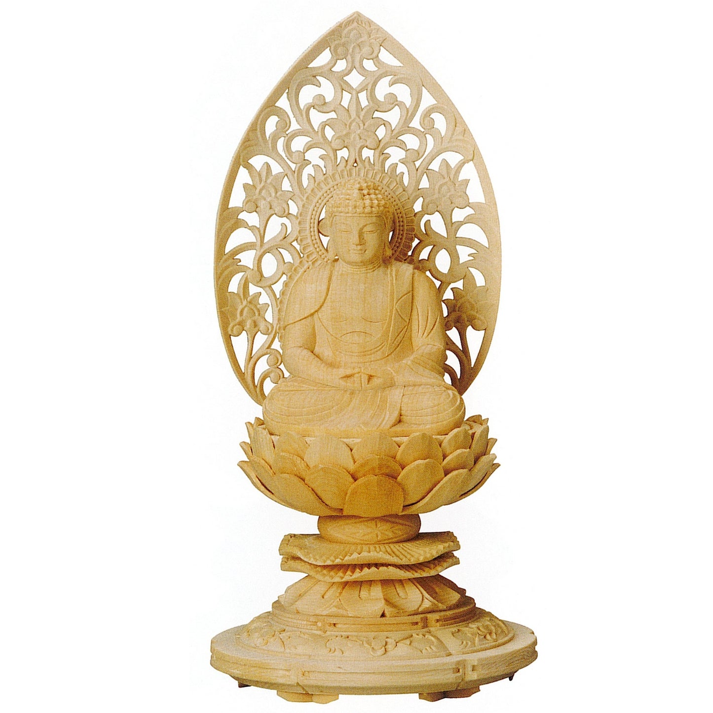 桧木 上彫木瓜丸台座 座弥陀 唐草光背