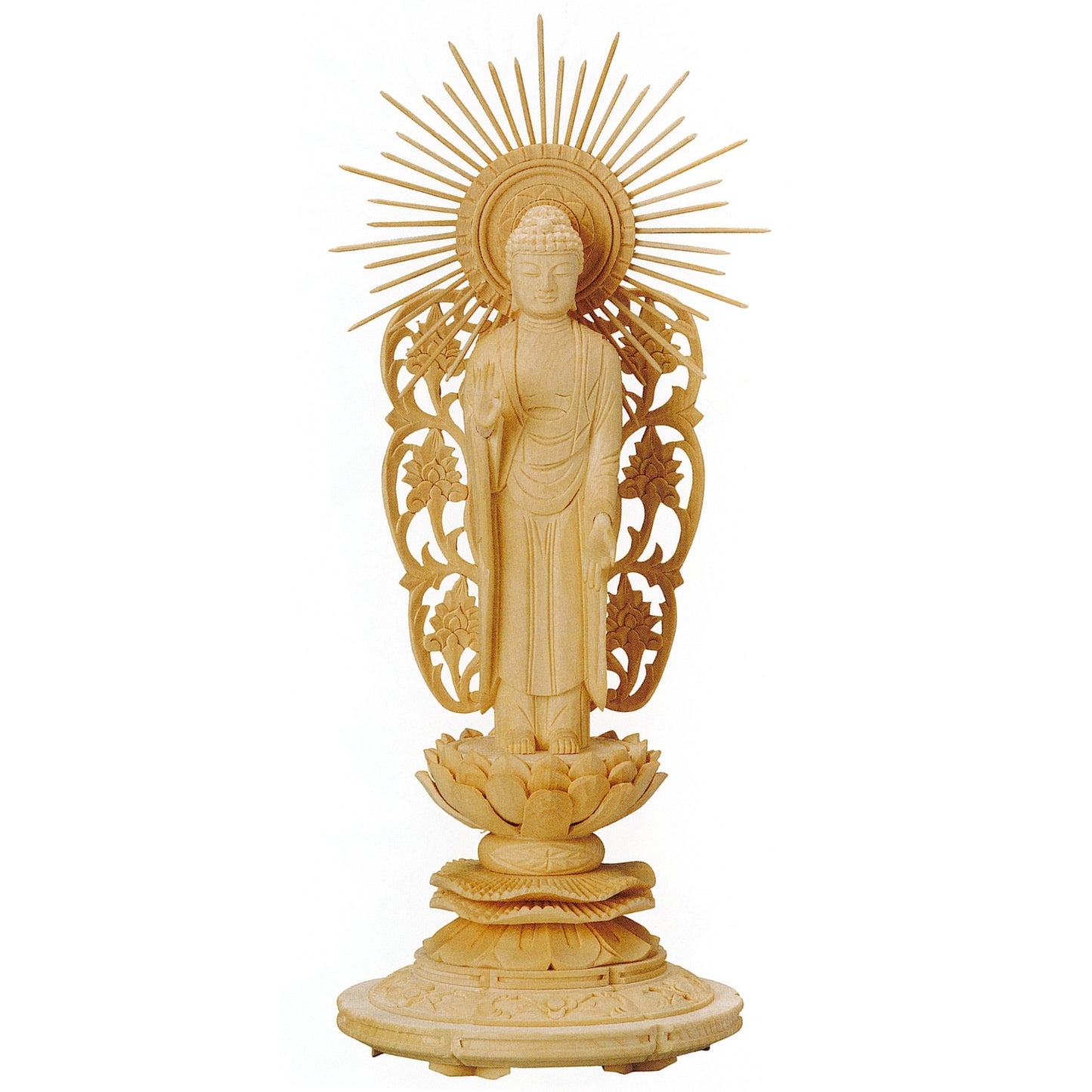 桧木 上彫木瓜丸台座 西立弥陀 唐草光背