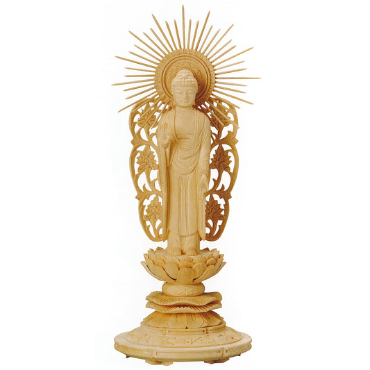 桧木 上彫木瓜丸台座 西立弥陀 唐草光背