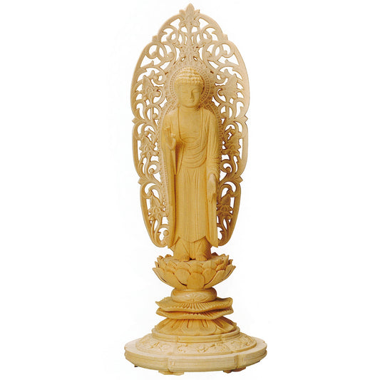 桧木 上彫木瓜丸台座 舟立弥陀 唐草光背