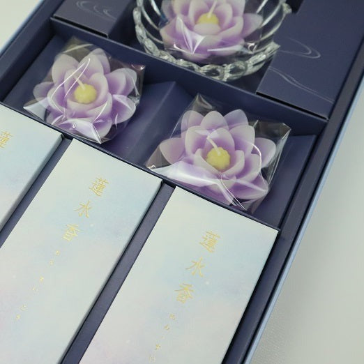 蓮蝋燭とお線香のセット蓮水華 ( ピンク・紫 )