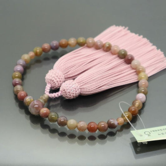 日本製 京念珠 ピンクインドメノウ×灰桜房
